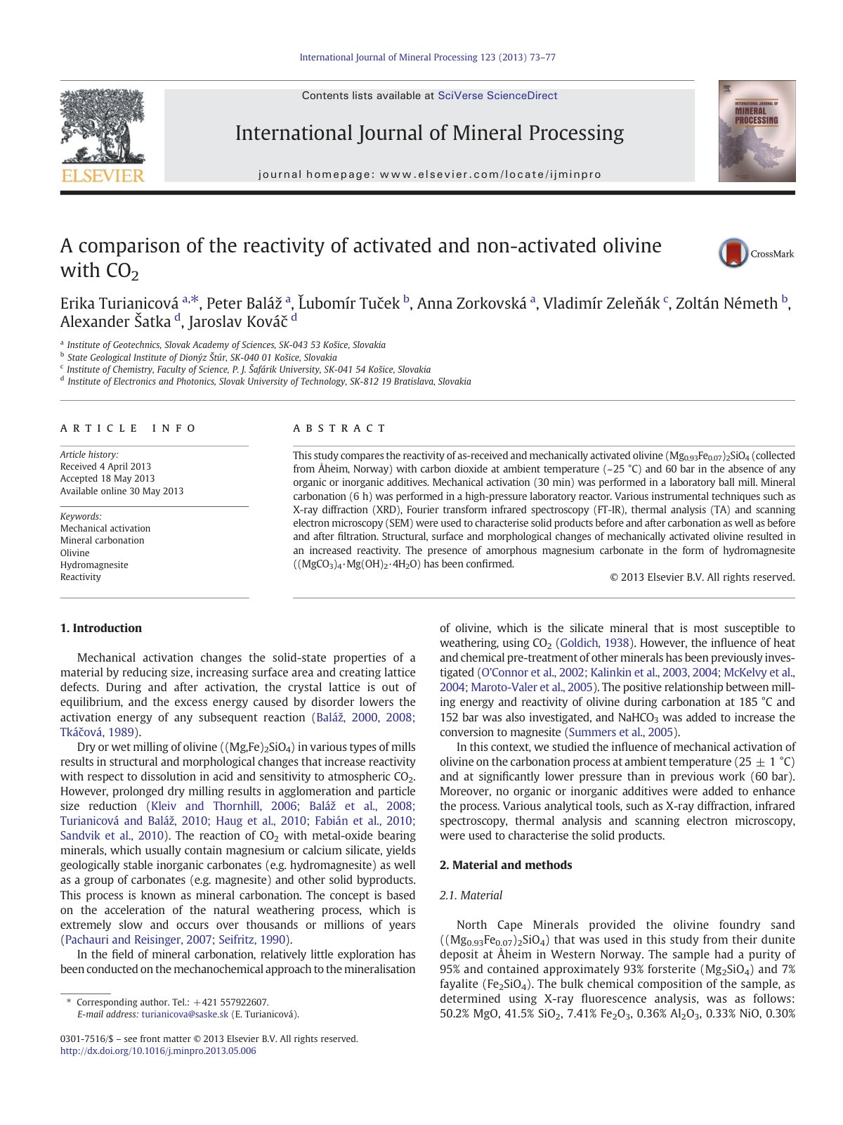 First page of A comparison of the reactivity of activated and non-activated olivine with CO2