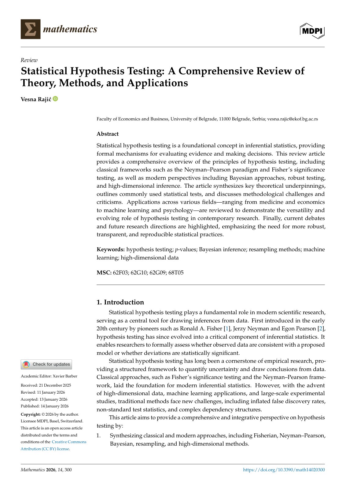First page of Statistical Hypothesis Testing: A Comprehensive Review of Theory, Methods, and Applications