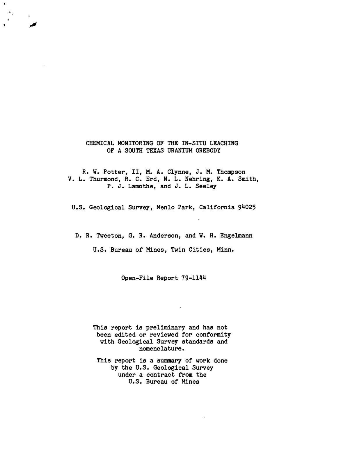 First page of CHEMICAL MONITORING OF THE IN-SITU LEACHING OF A SOUTH TEXAS URANIUM OREBODY
