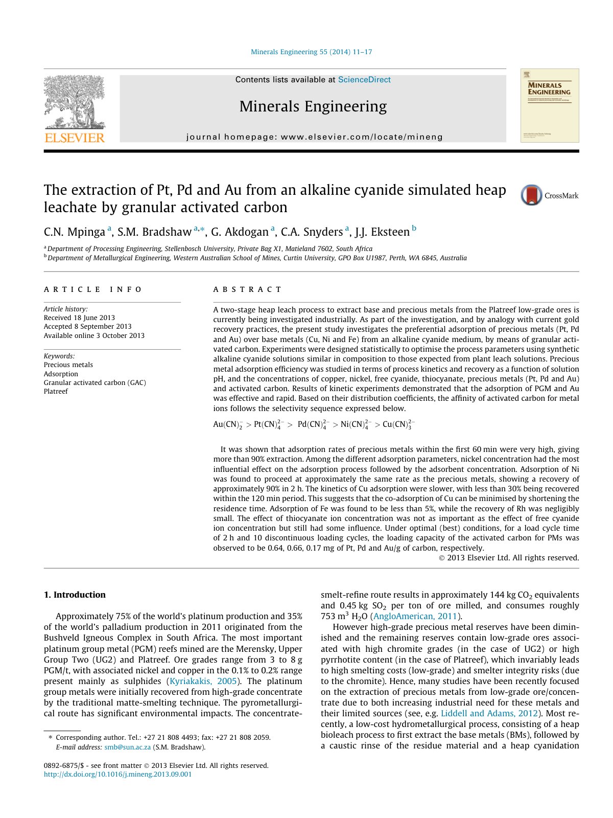First page of The extraction of Pt, Pd and Au from an alkaline cyanide simulated heap leachate by granular activated carbon