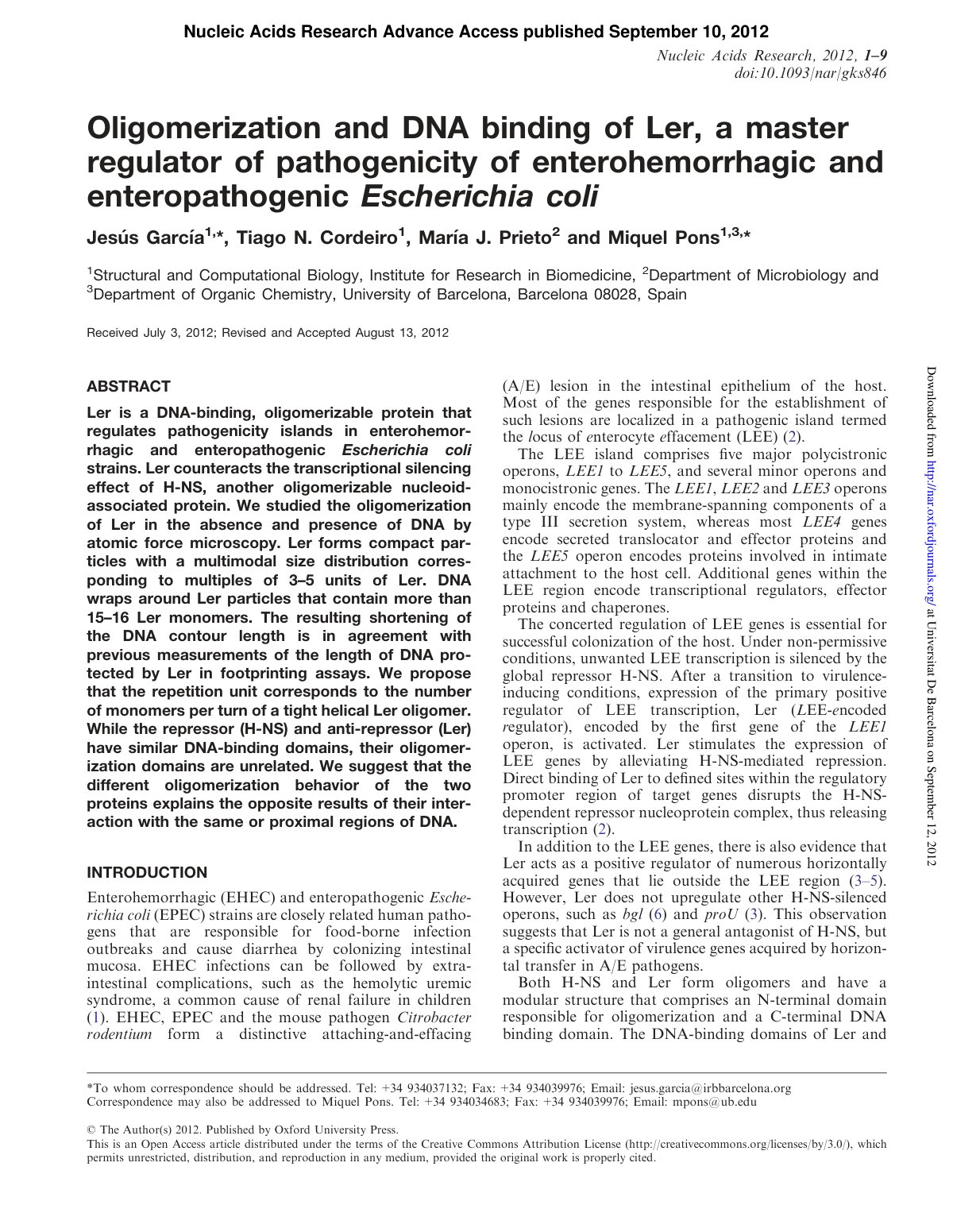 First page of Oligomerization and DNA binding of Ler, a master regulator of pathogenicity of enterohemorrhagic and enteropathogenic Escherichia coli