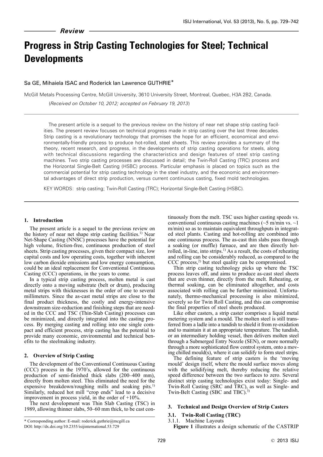 First page of Progress in Strip Casting Technologies for Steel; Technical Developments