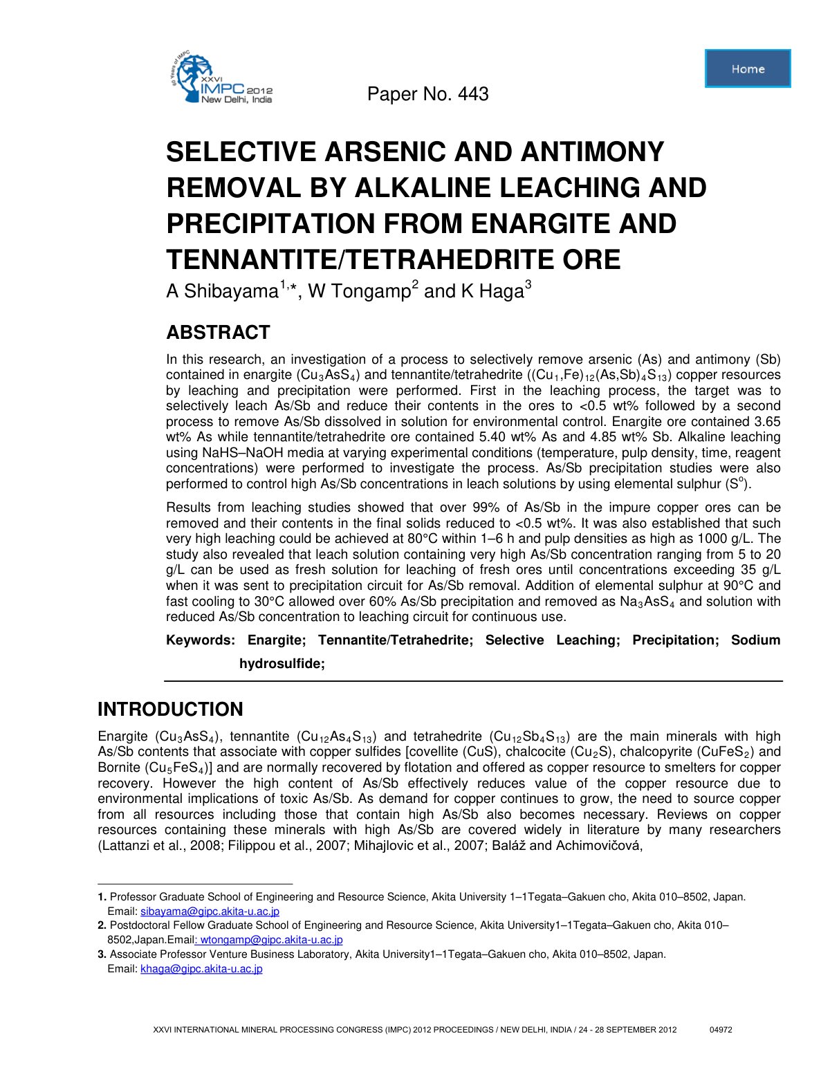 First page of Selective Arsenic And Antimony Removal By Alkaline Leaching And Precipitation From Enargite And Tennantite Tetrahedrite Ore