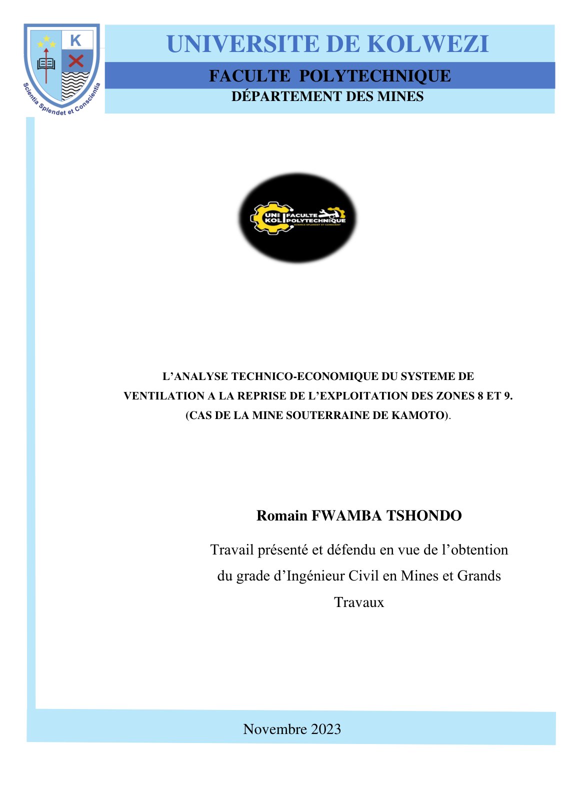 First page of L’ANALYSE TECHNICO-ECONOMIQUE DU SYSTEME DE VENTILATION A LA REPRISE DE L’EXPLOITATION DES ZONES 8 ET 9. (CAS DE LA MINE SOUTERRAINE DE KAMOTO)