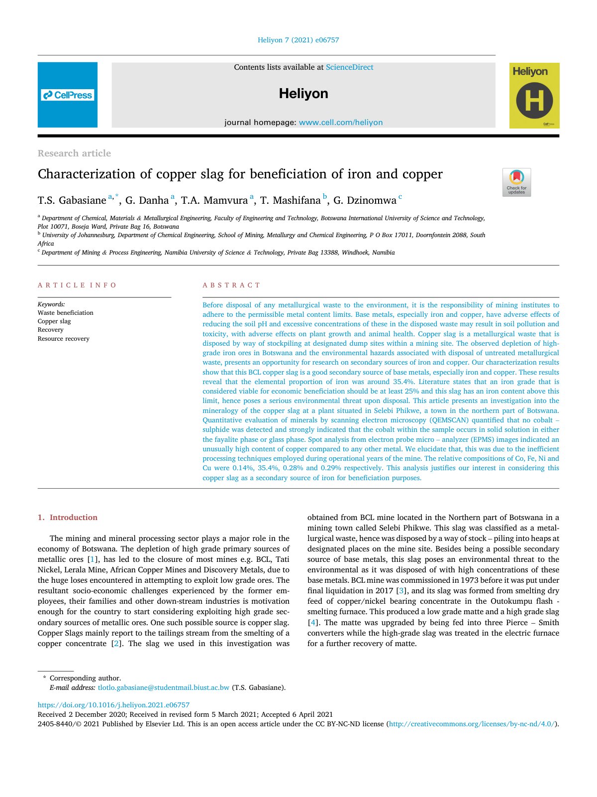 First page of Characterization of copper slag for bene