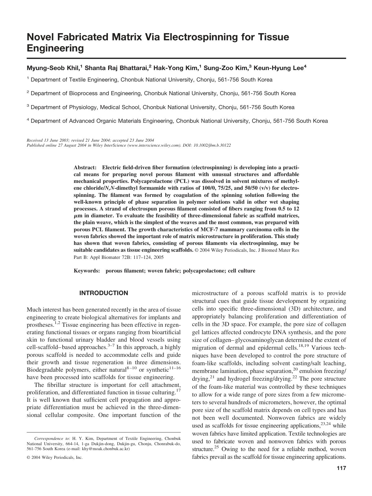 First page of Novel fabricated matrix via electrospinn