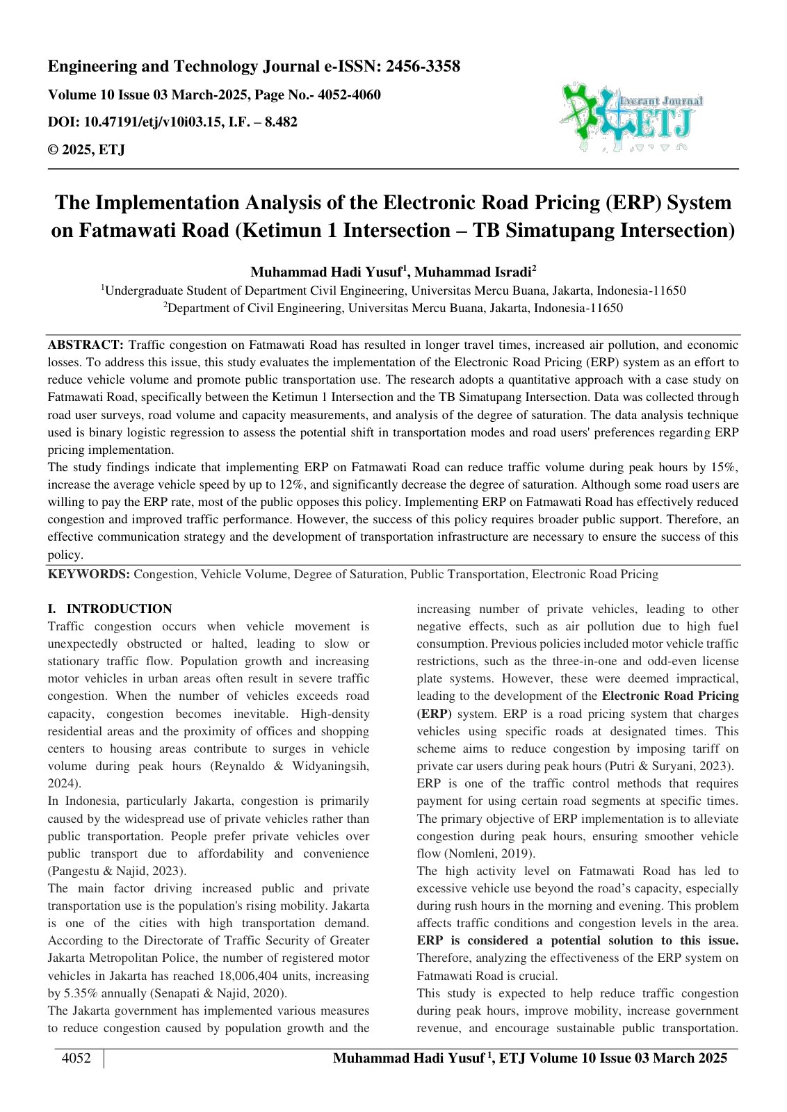 First page of The Implementation Analysis of the Electronic Road Pricing (ERP) System  on Fatmawati Road (Ketimun 1 Intersection – TB Simatupang Intersection)    