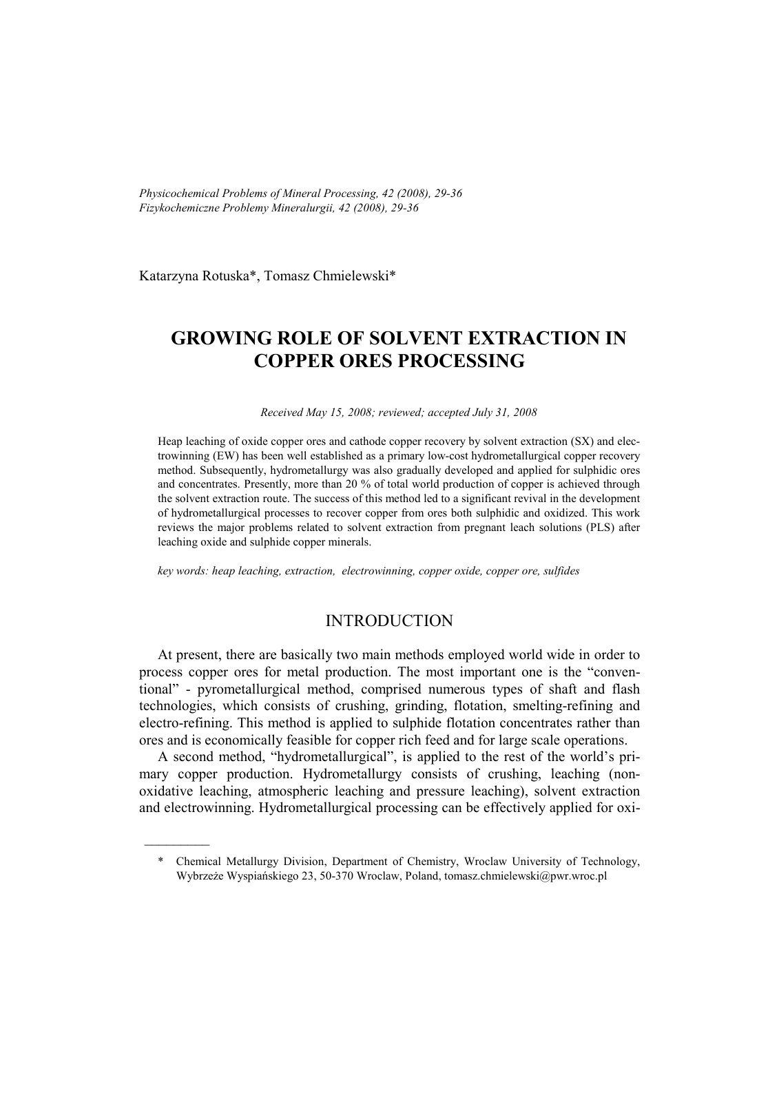 First page of Growing role of solvent extraction in co