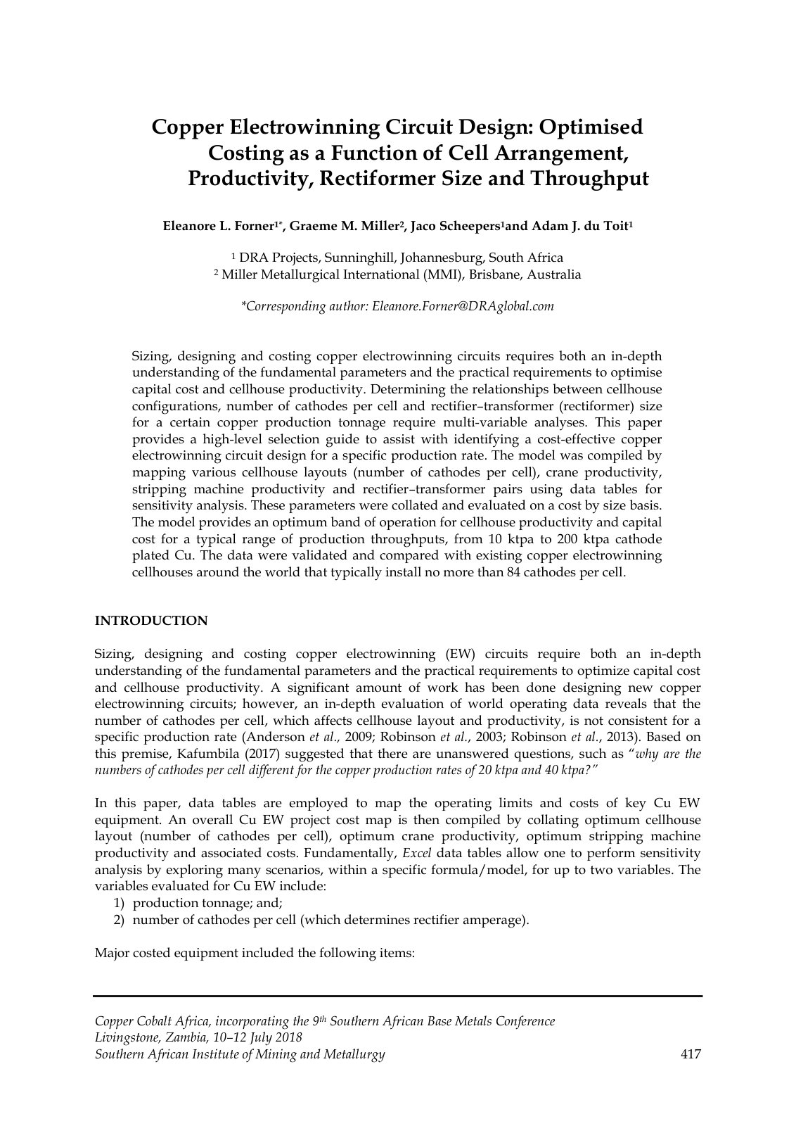 First page of Copper Electrowinning Circuit Design: Optimised Costing as a Function of Cell Arrangement, Productivity, Rectiformer Size and Throughput