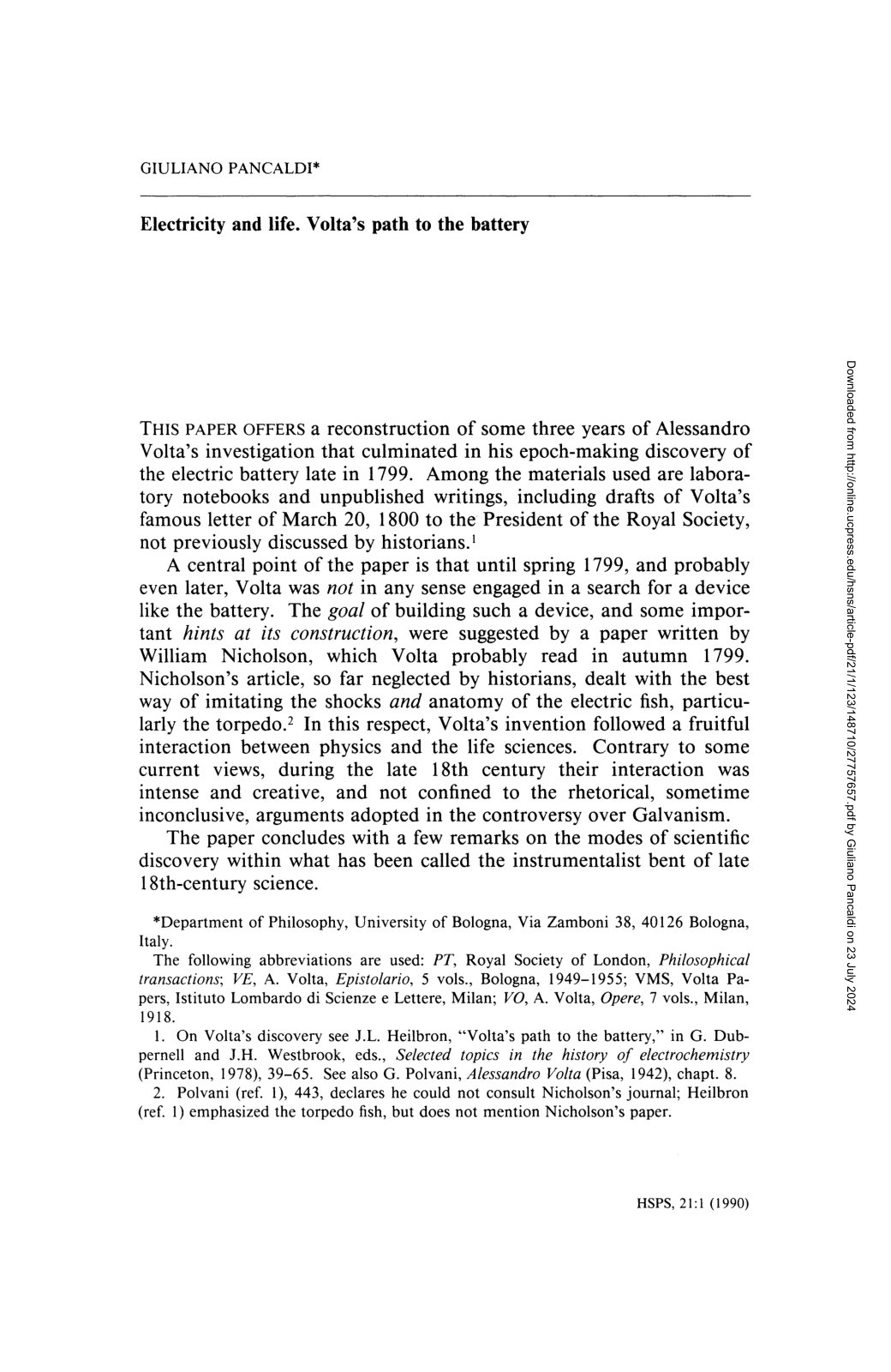 First page of Electricity and life. Volta's path to the battery