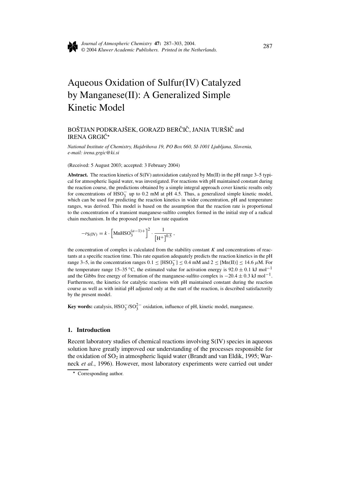 First page of Aqueous Oxidation of Sulfur(IV) Catalyzed by Manganese(II): A Generalized Simple Kinetic Model