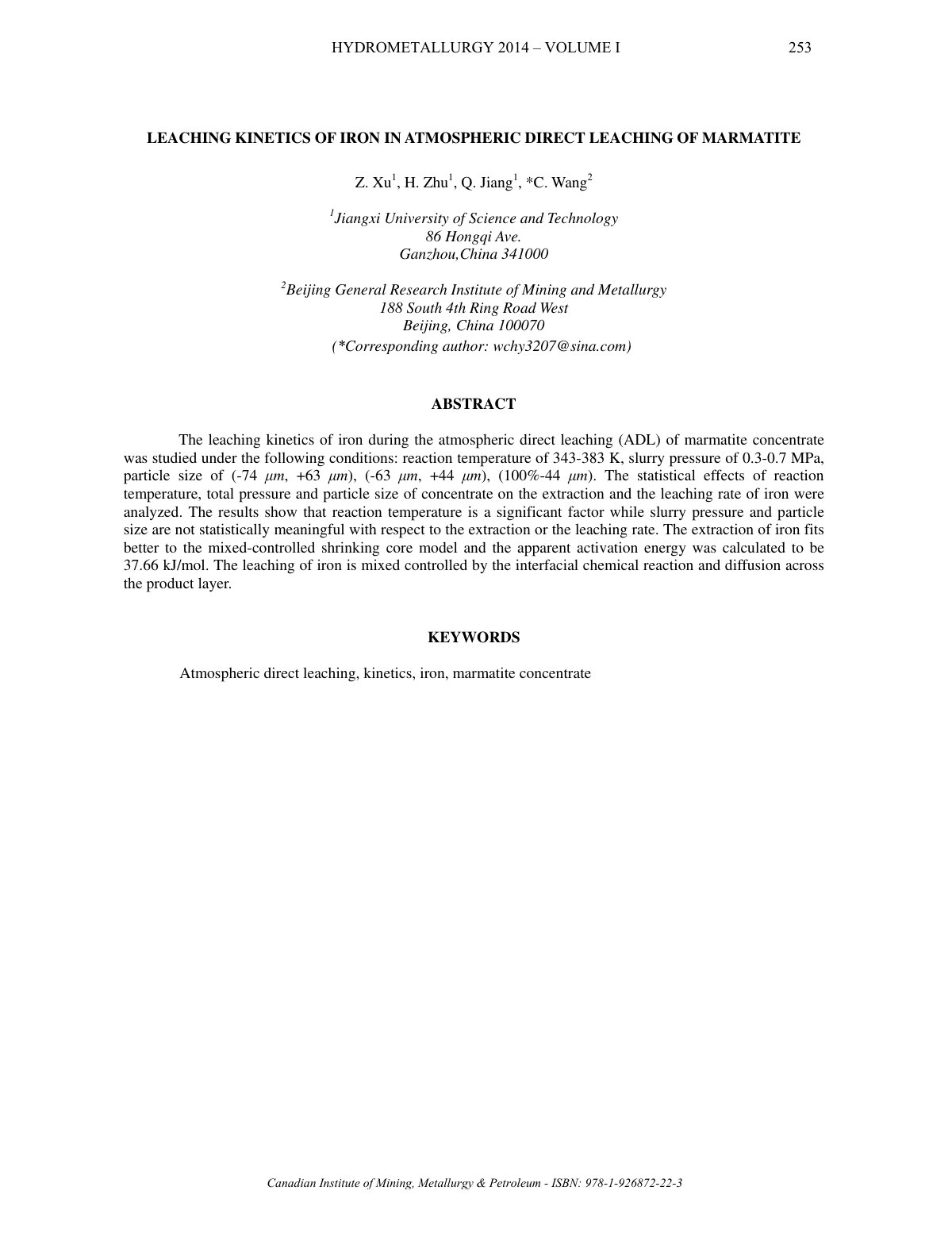 First page of LEACHING KINETICS OF IRON IN ATMOSPHERIC DIRECT LEACHING OF MARMATITE