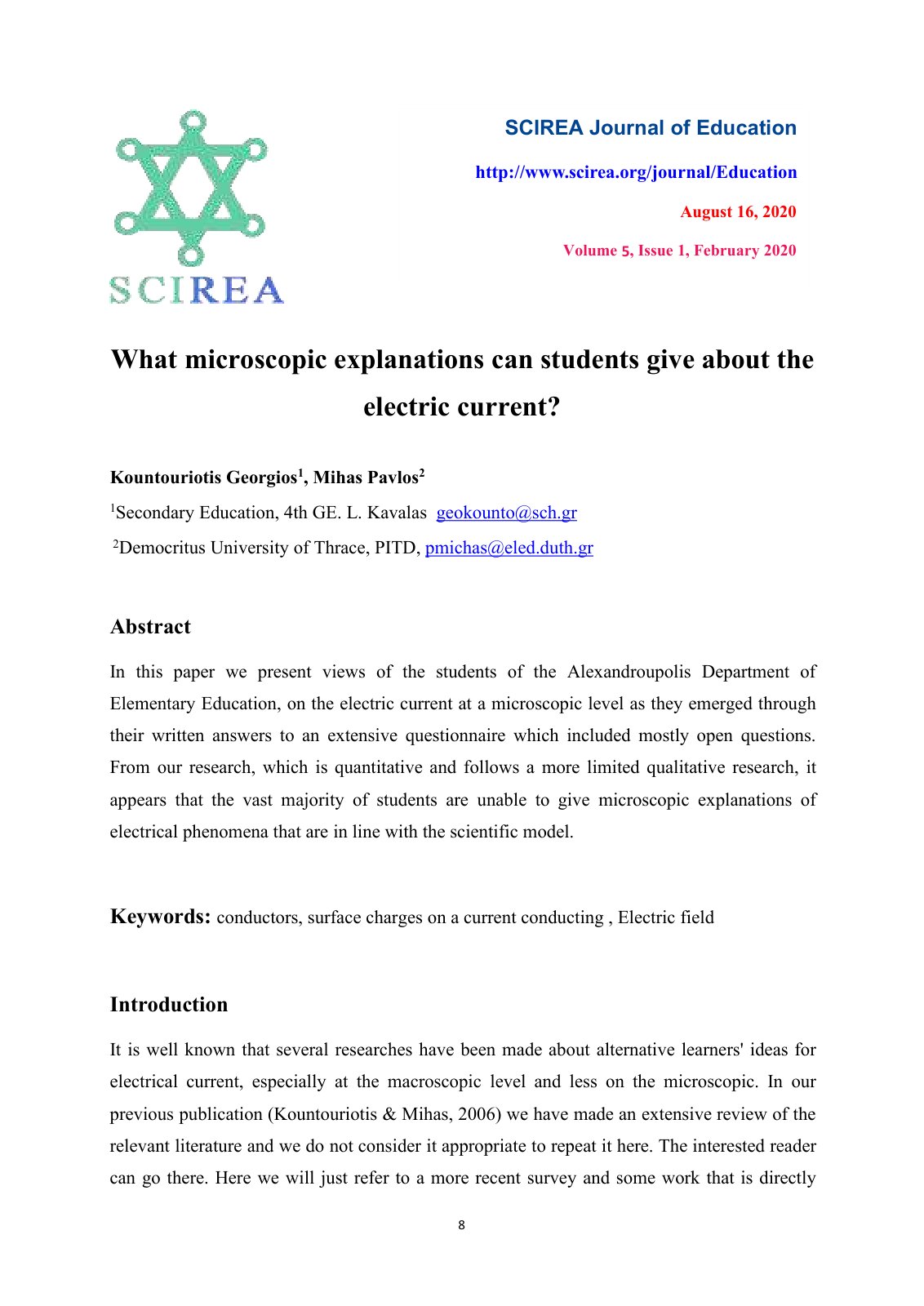 First page of What microscopic explanations can students give about the electric current?