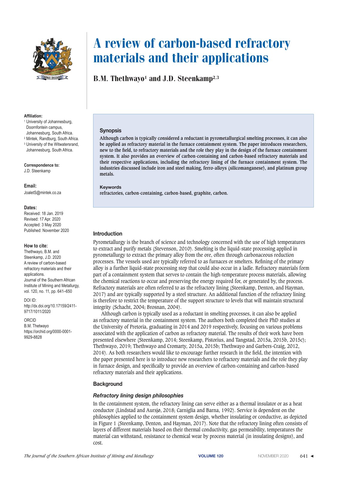 First page of 2020 Thethwayo Carbon Refractories