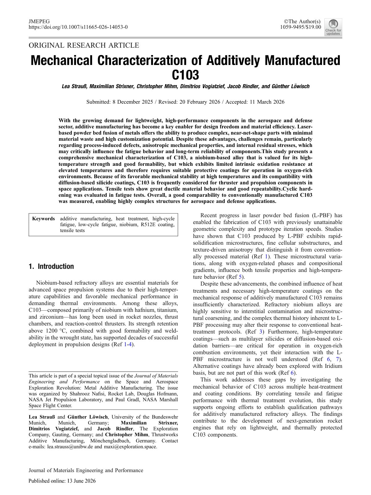 First page of Mechanical Characterization of Additively Manufactured C103