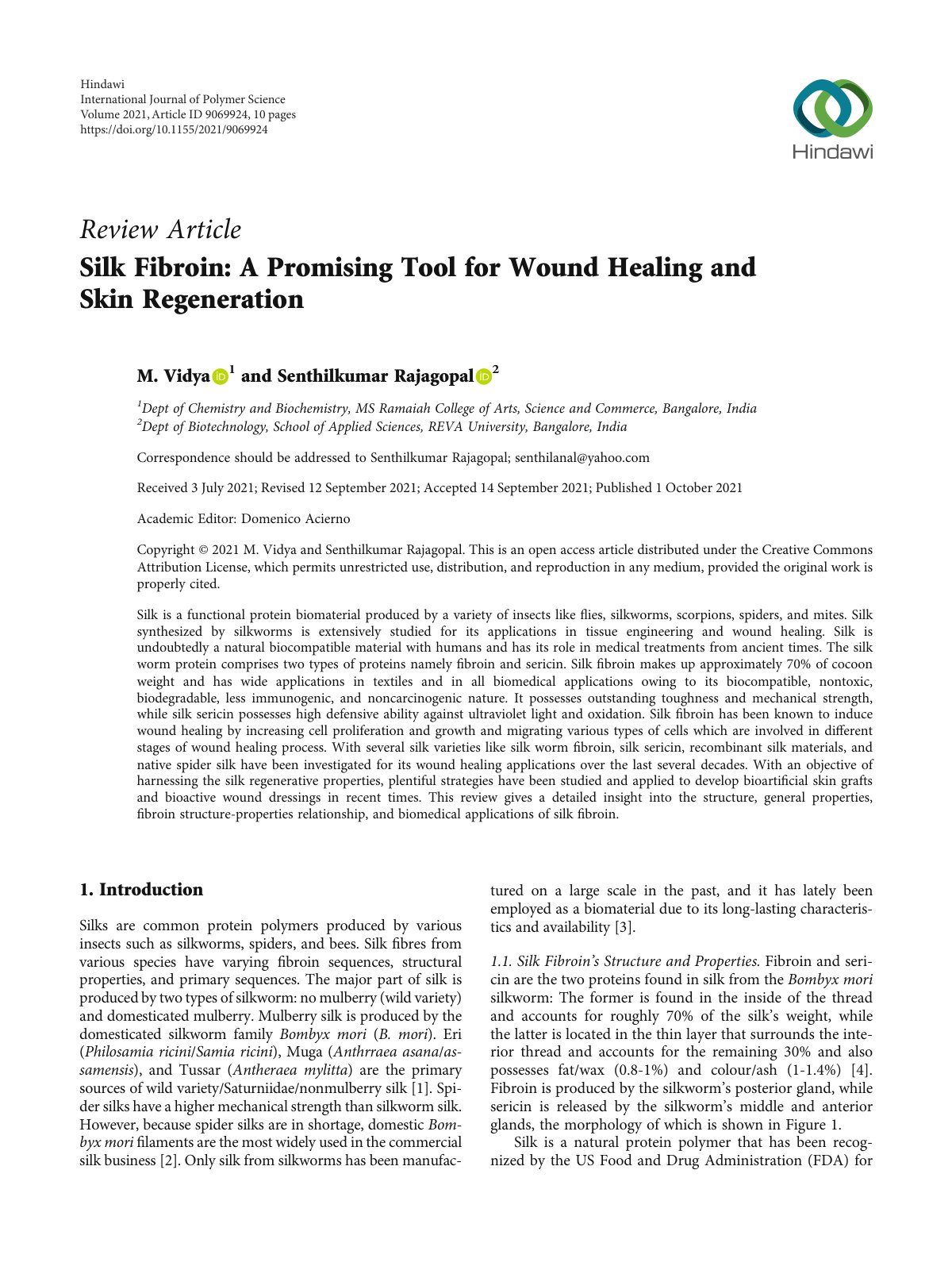 First page of Silk Fibroin A Promising Tool for Wound