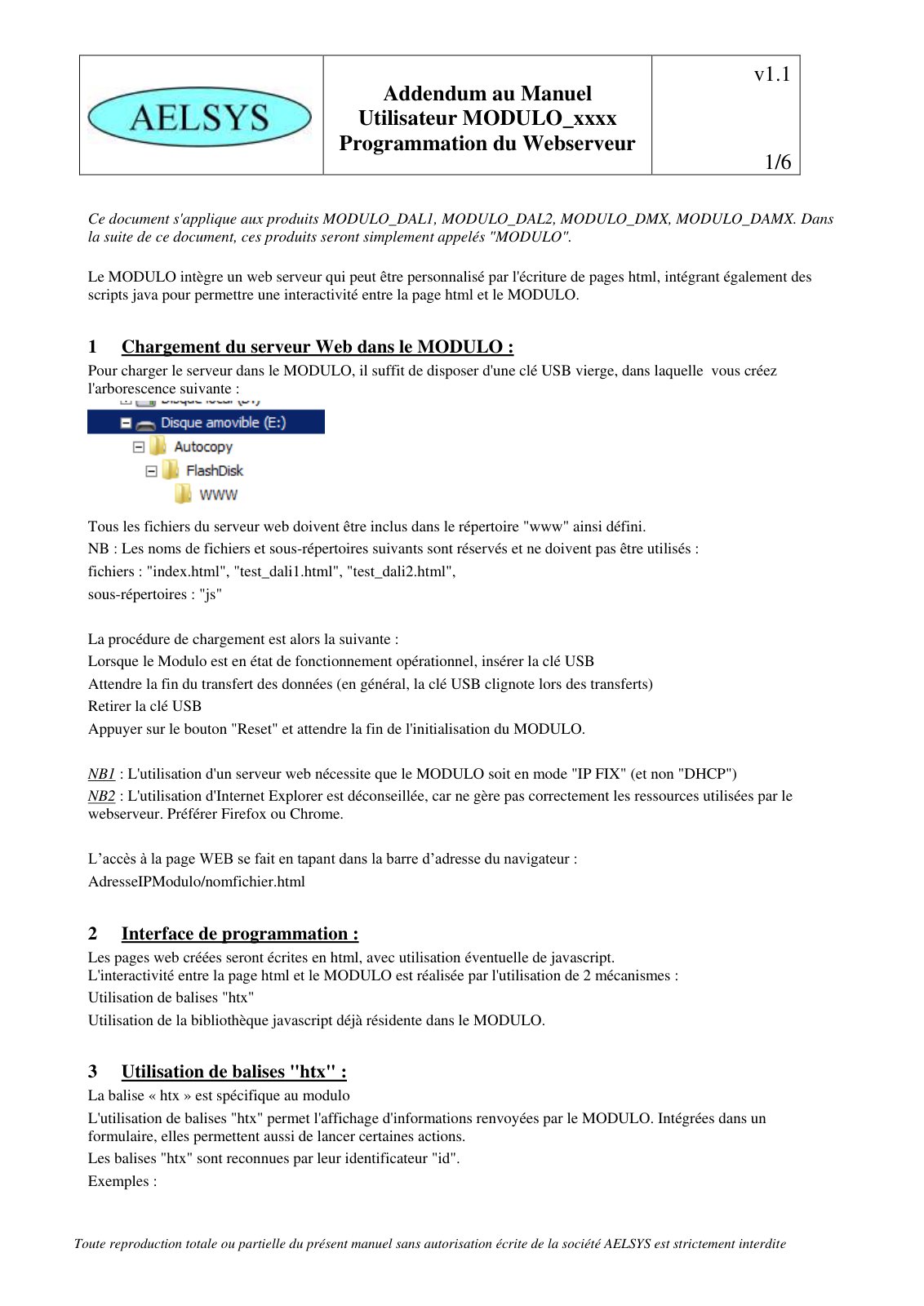 First page of Addendum au Manuel Utilisateur MODULO_xxxx Programmation du Webserveur v1.1