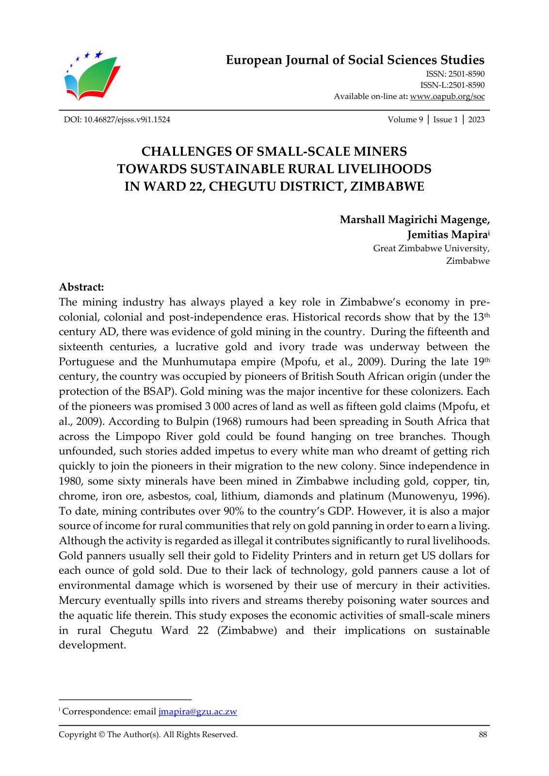 First page of Challenges of Small Scale Miners Towards