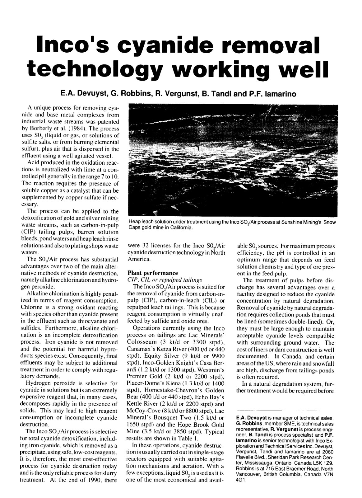 First page of Inco’s Cyanide Removal Technology Working Well