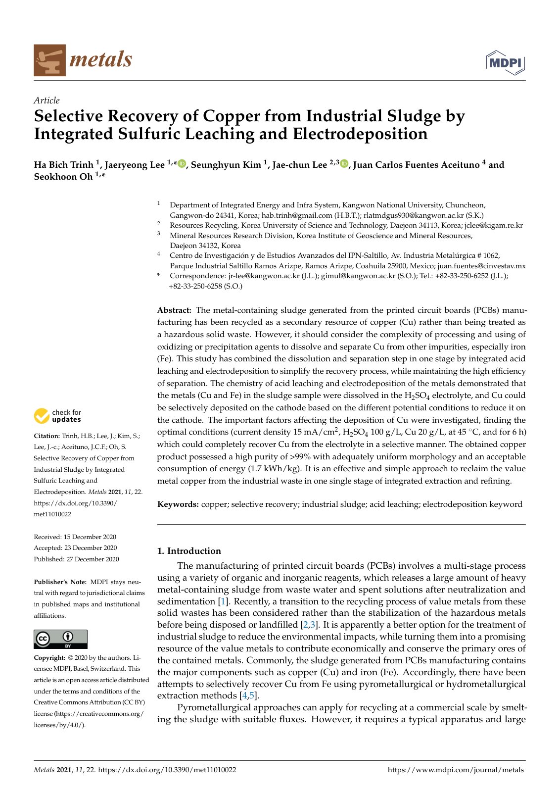 First page of Selective Recovery of Copper from Industrial Sludge by Integrated Sulfuric Leaching and Electrodeposition