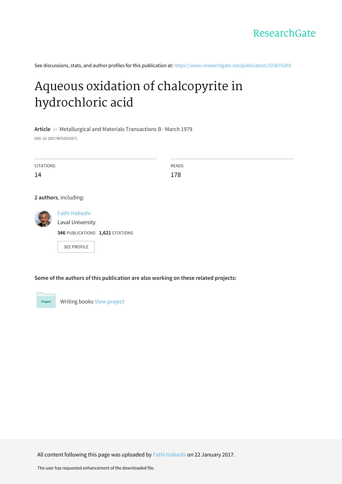 First page of Aqueous Oxidation of Chalcopyrite In Hyd