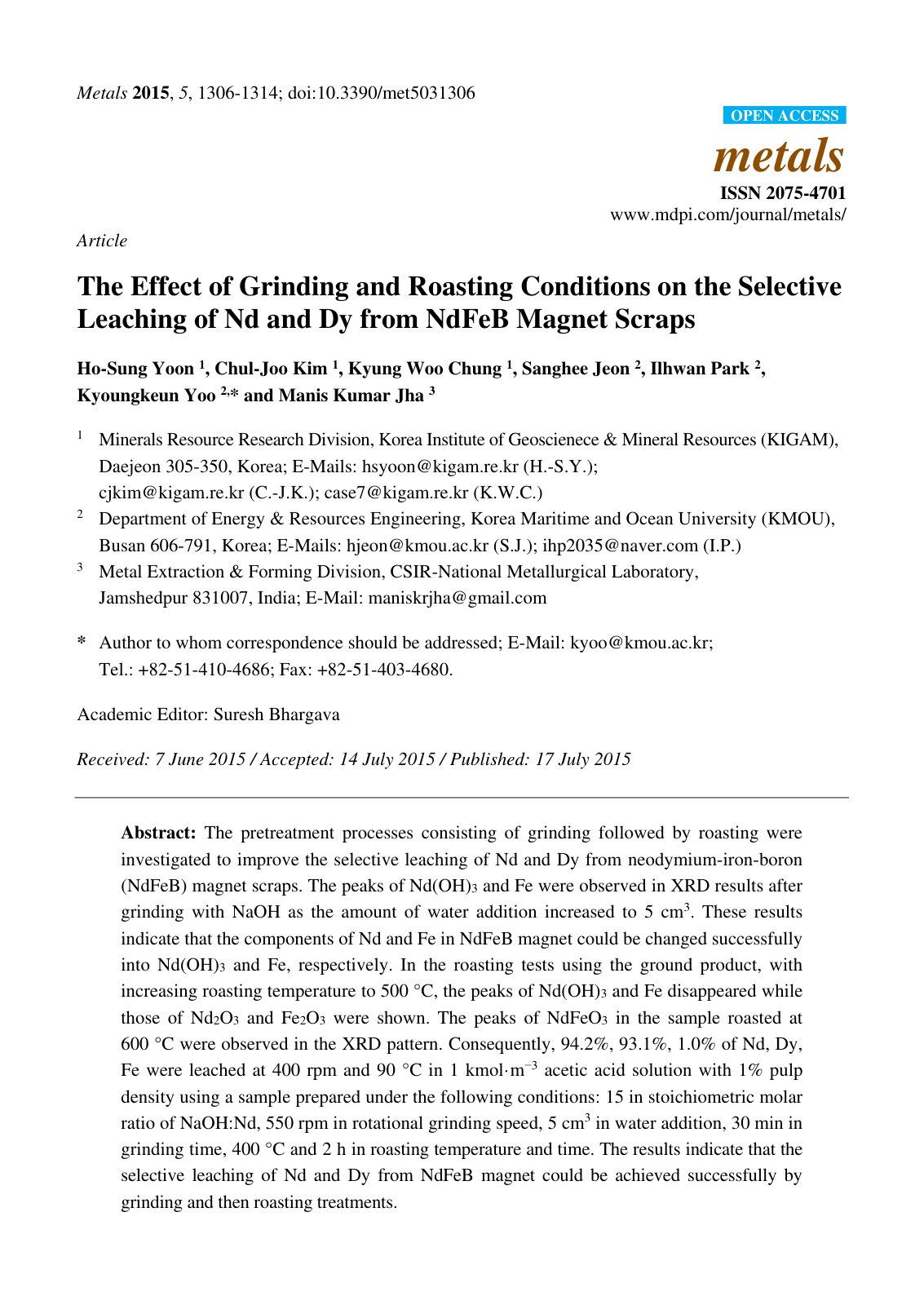 First page of The Effect of Grinding and Roasting Conditions on the Selective Leaching of Nd and Dy from NdFeB Magnet Scraps