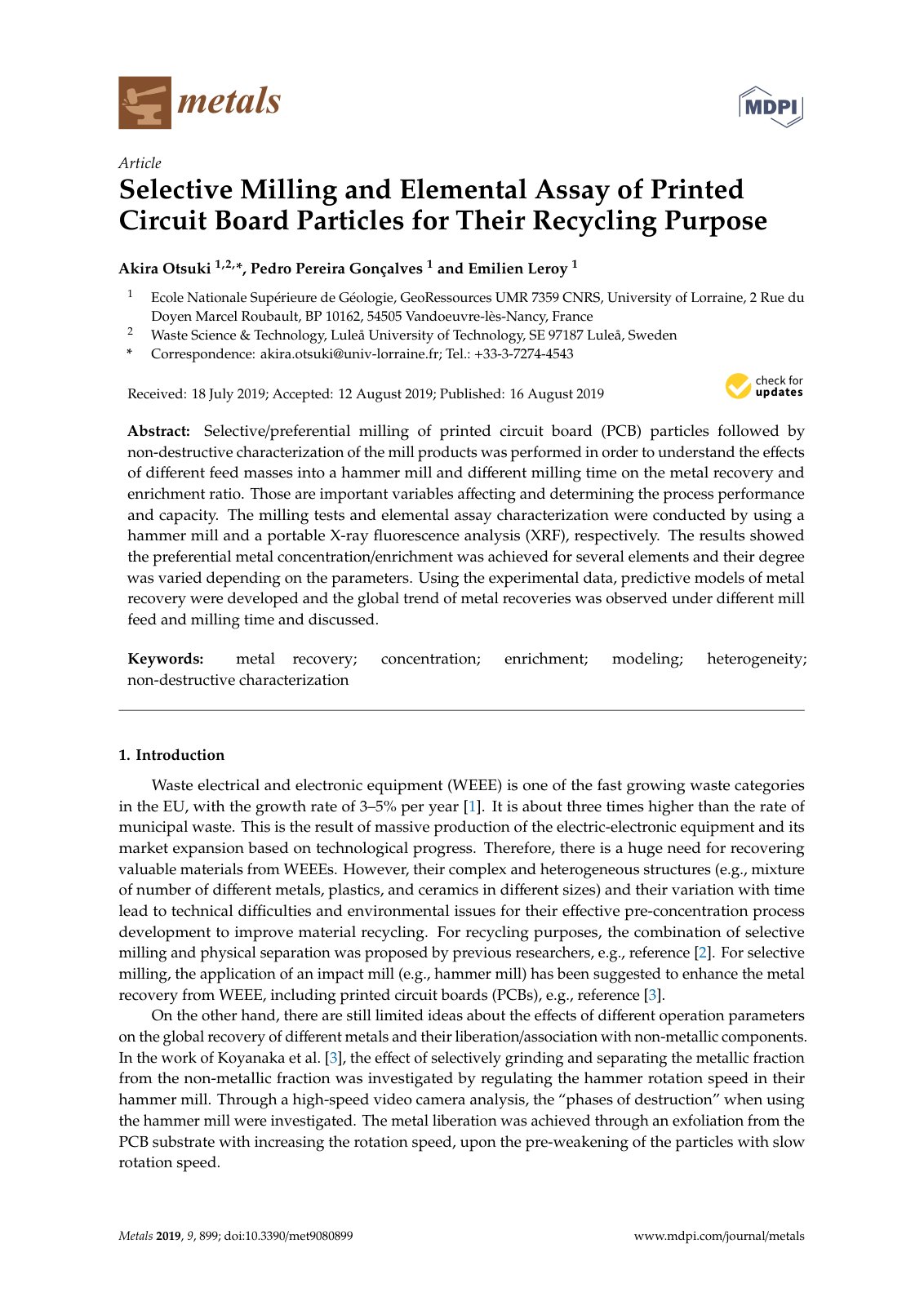 First page of Selective Milling and Elemental Assay of