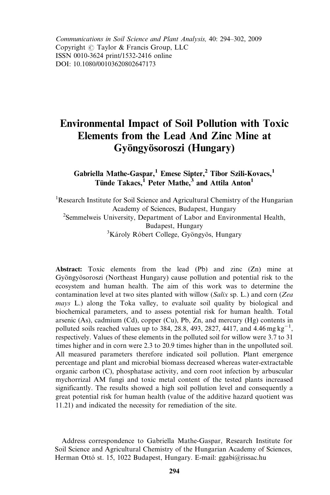 First page of Environmental Impact of Soil Pollution with Toxic Elements from the Lead And Zinc Mine at Gyo ¨ngyo ¨soroszi (Hungary)
