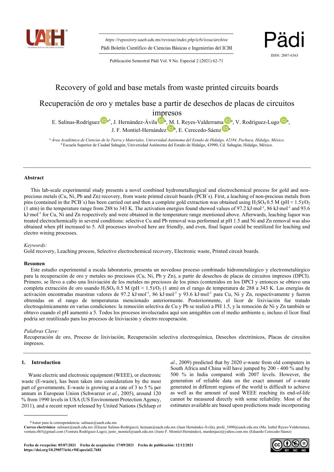 First page of Recovery of gold and base metals from wa
