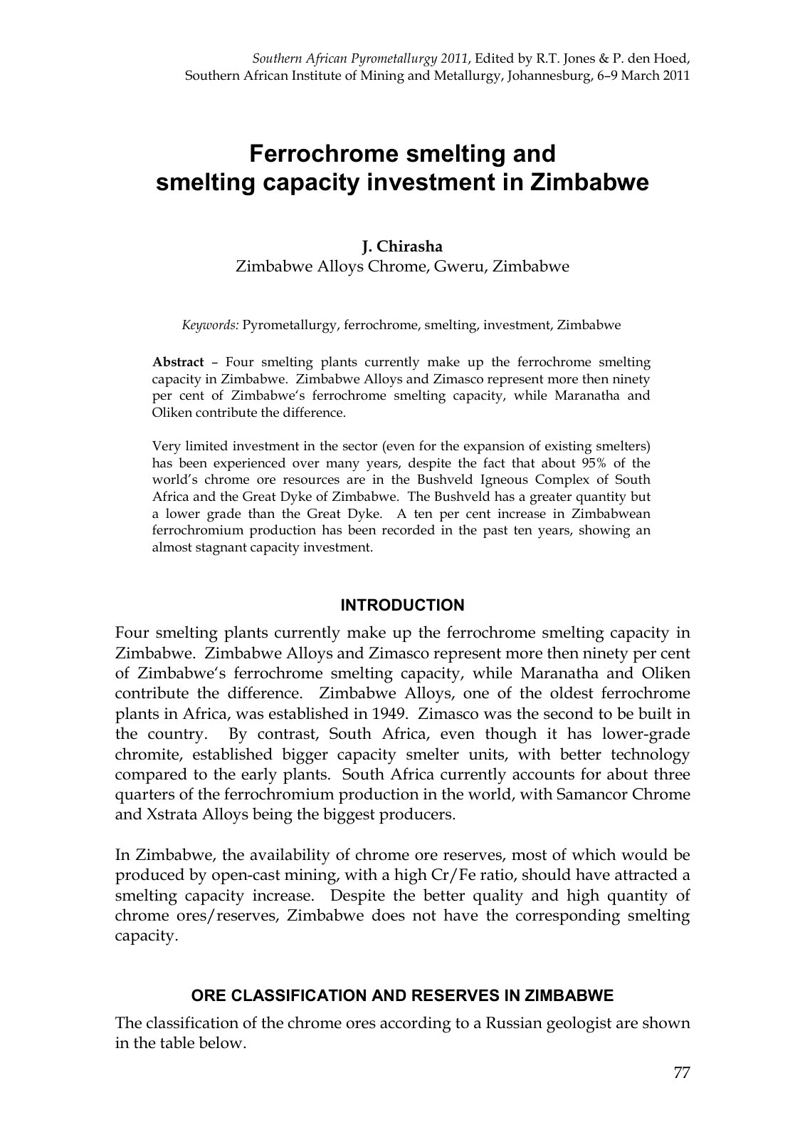 First page of Ferrochrome smelting and smelting capacity investment in Zimbabwe