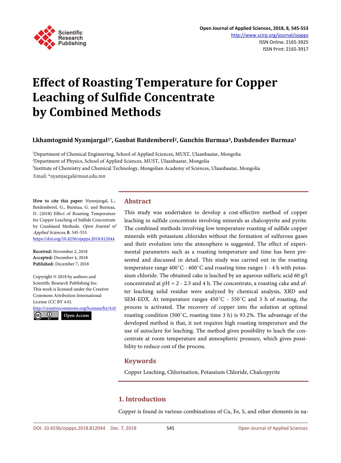 First page of Effect of Roasting Temperature for Copper Leaching of Sulfide Concentrate by Combined Methods