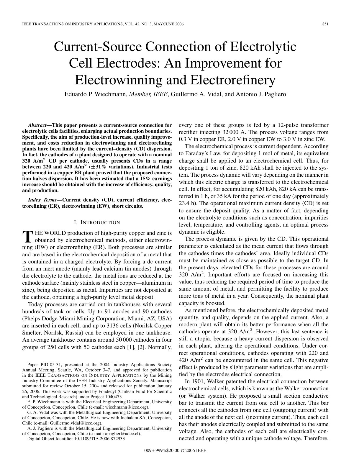 First page of Current-Source Connection of Electrolytic Cell Electrodes: An Improvement for Electrowinning and Electrorefinery