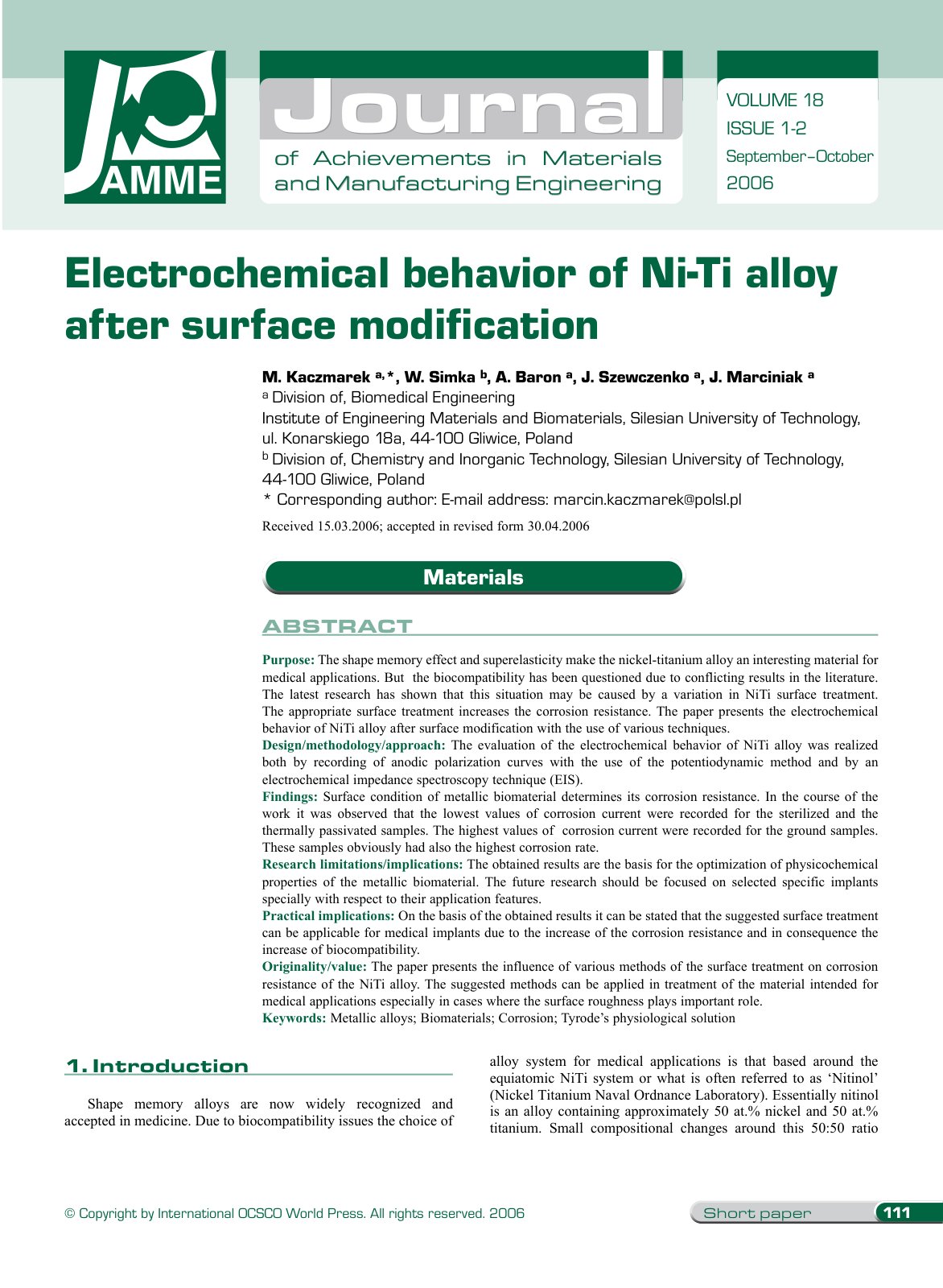 First page of Electrochemical behavior of Ni-Ti alloy after surface modification