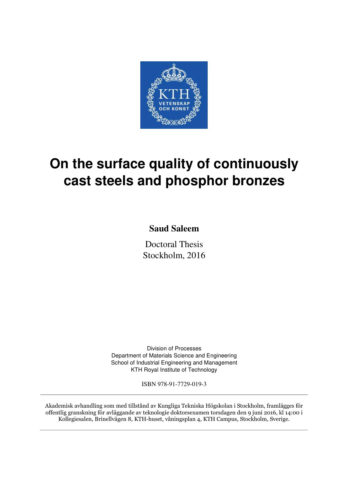 First page of On the surface quality of continuously c