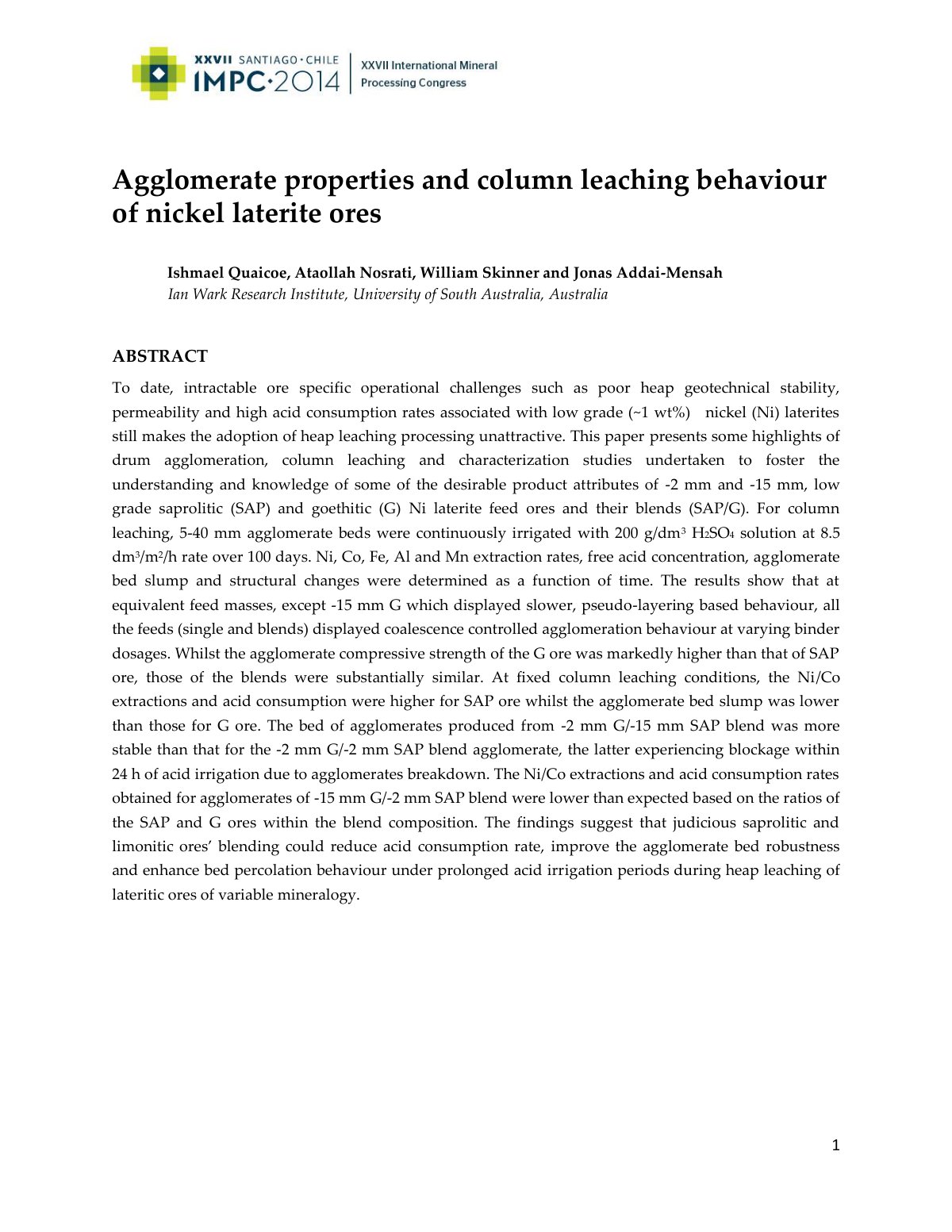 First page of Agglomerate properties and column leaching behaviour of nickel laterite ores