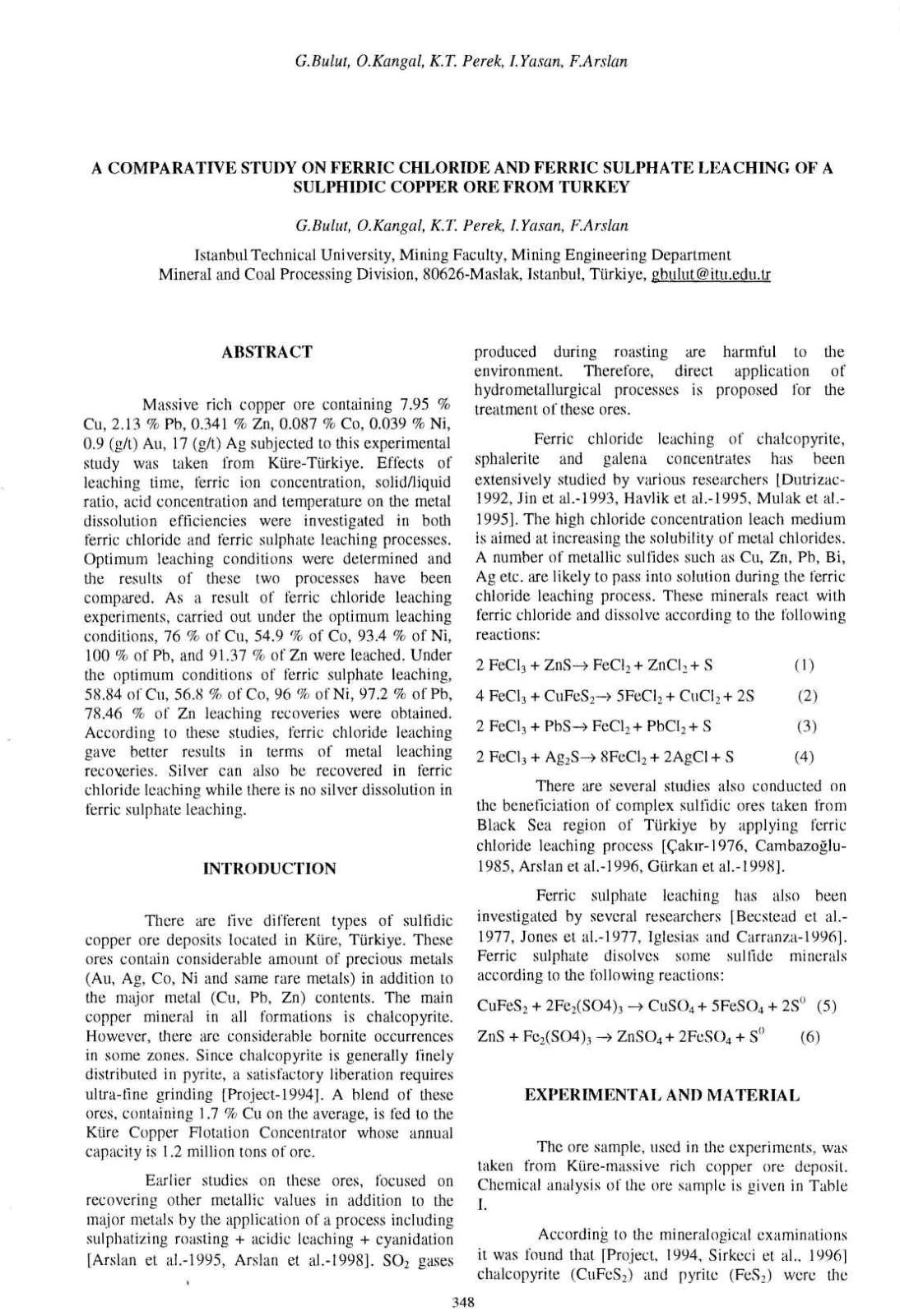 First page of A COMPARATIVE STUDY ON FERRIC CHLORIDE AND FERRIC SULPHATE LEACHING OF A SULPHIDIC COPPER ORE FROM TURKEY