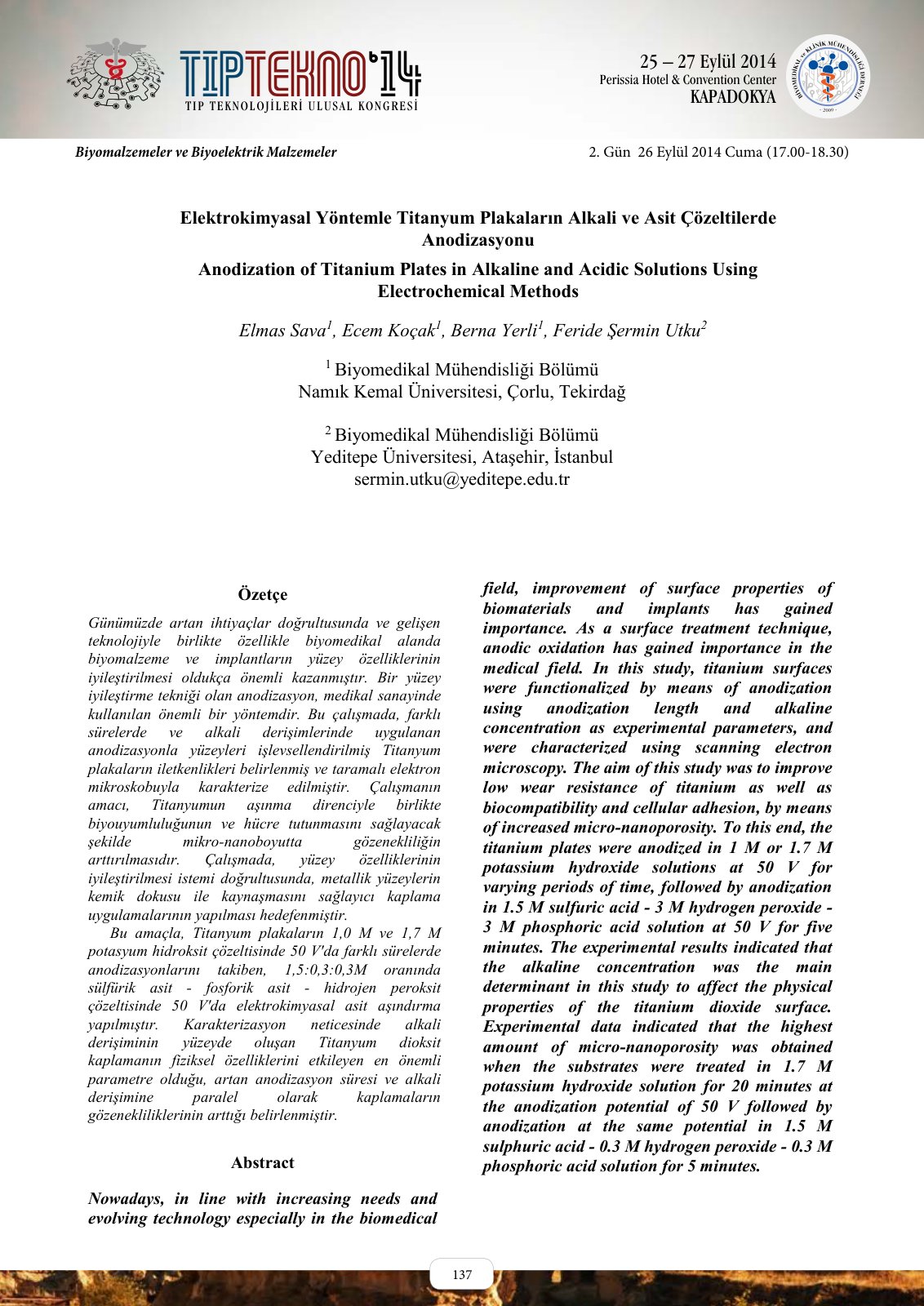 First page of TIP TEKNOLOJİLERİ ULUSAL KONGRESİ TIPTEKNO‘14