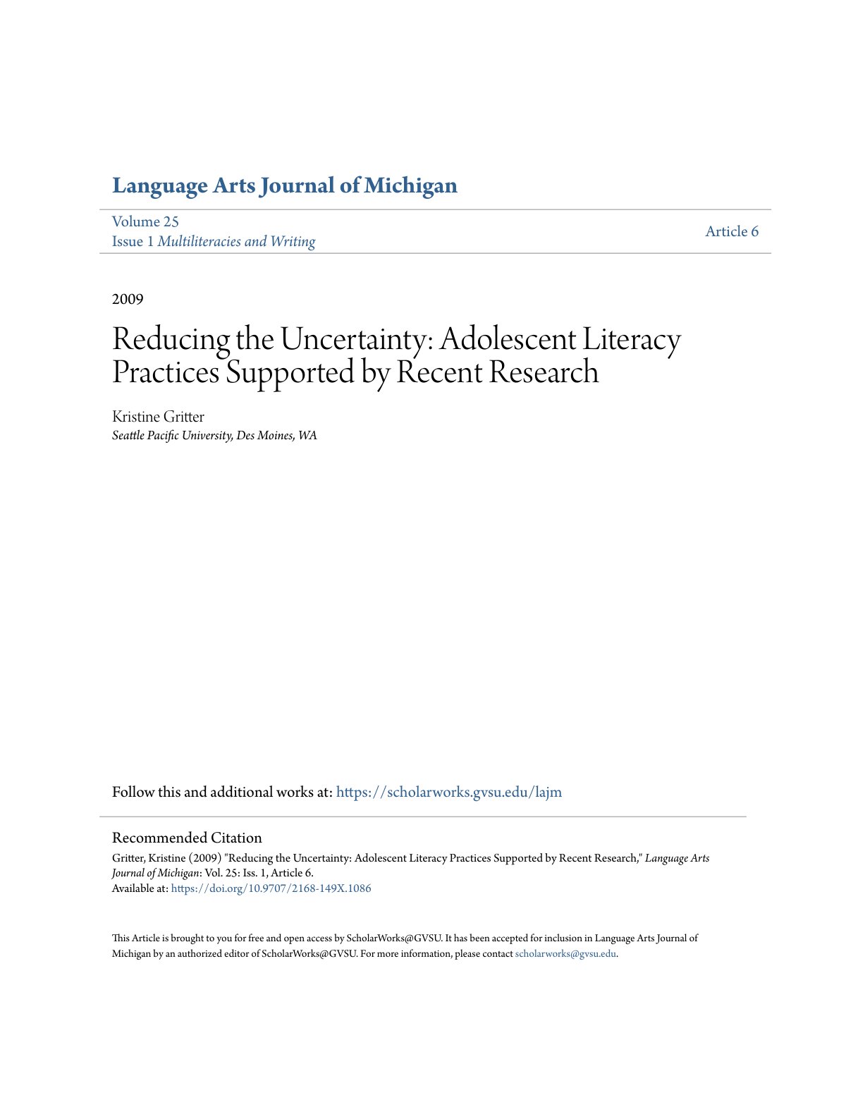 First page of Reducing the Uncertainty Adolescent Lite