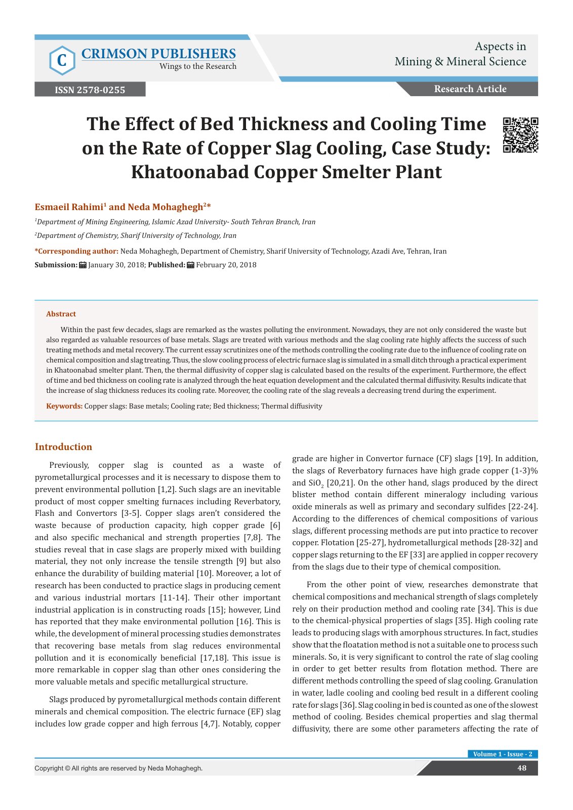 First page of The Effect of Bed Thickness and Cooling Time on the Rate of Copper Slag Cooling, Case Study: Khatoonabad Copper Smelter Plant