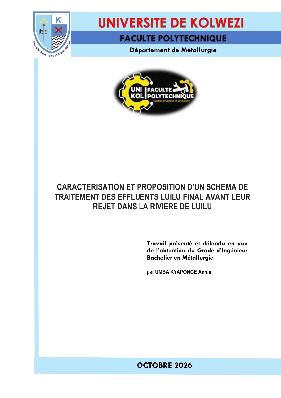 First page of CARACTERISATION ET PROPOSITION D’UN SCHEMA DE TRAITEMENT DES EFFLUENTS LUILU FINAL AVANT LEUR REJET DANS LA RIVIERE DE LUILU