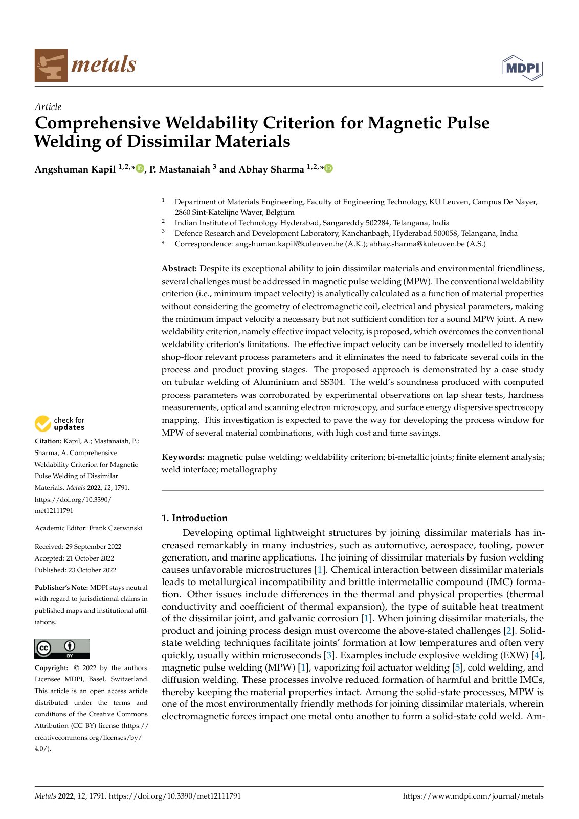 First page of Comprehensive Weldability Criterion for Magnetic Pulse Welding of Dissimilar Materials
