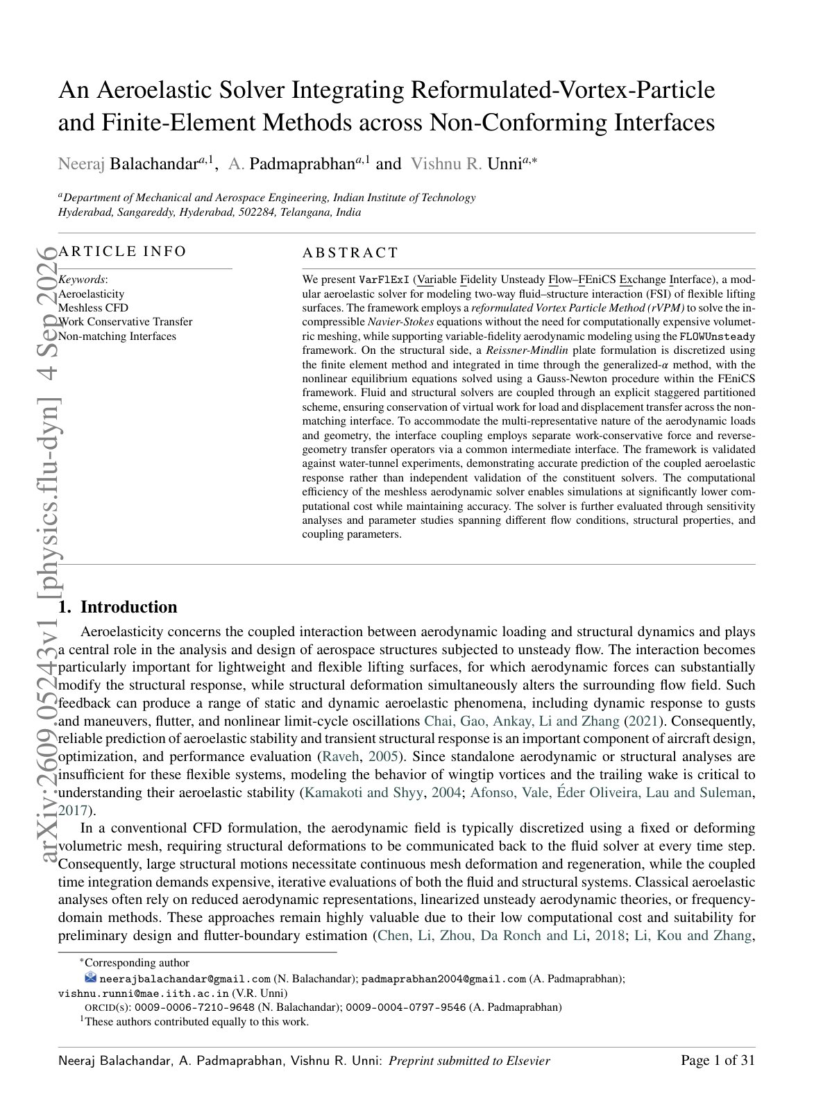 First page of 2026 Balachandar Aeroelastic Vortex Particle Finite Element Solver