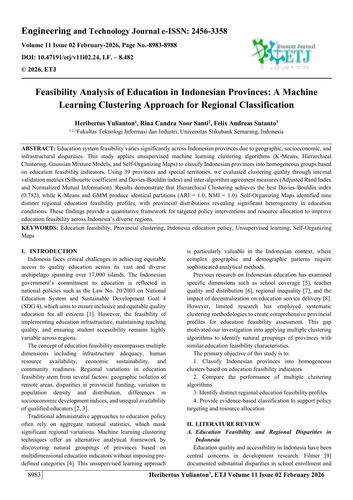 First page of Feasibility Analysis of Education in Indonesian Provinces: A Machine  Learning Clustering Approach for Regional Classification 