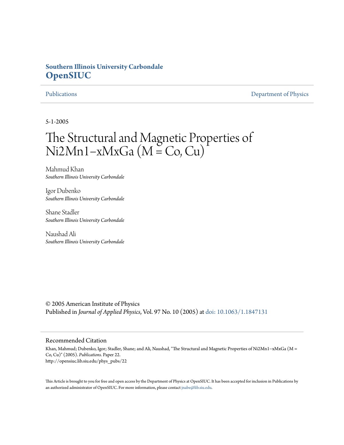 First page of he Structural and Magnetic Properties of Ni2Mn1−xMxGa (M = Co, Cu)