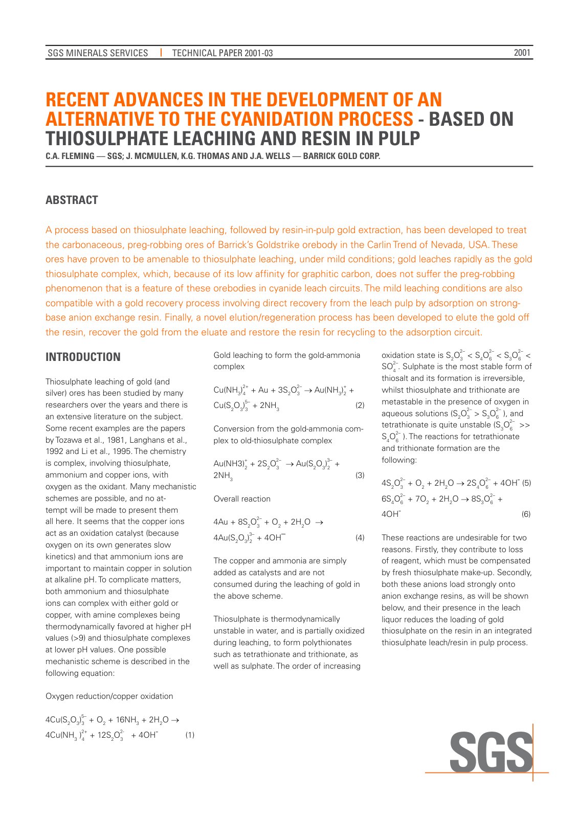 First page of SGS MIN TP2001 03 Thiosulphate Leaching and Resin in Pulp Alternatives to Cyanidation