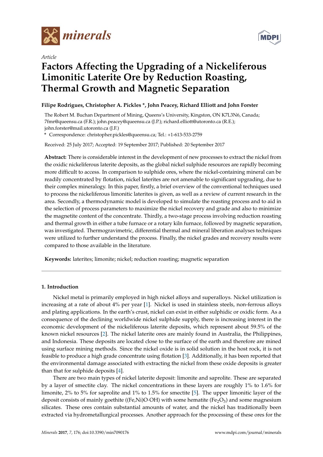 First page of Factors Affecting the Upgrading of a Nickeliferous Limonitic Laterite Ore by Reduction Roasting, Thermal Growth and Magnetic Separation