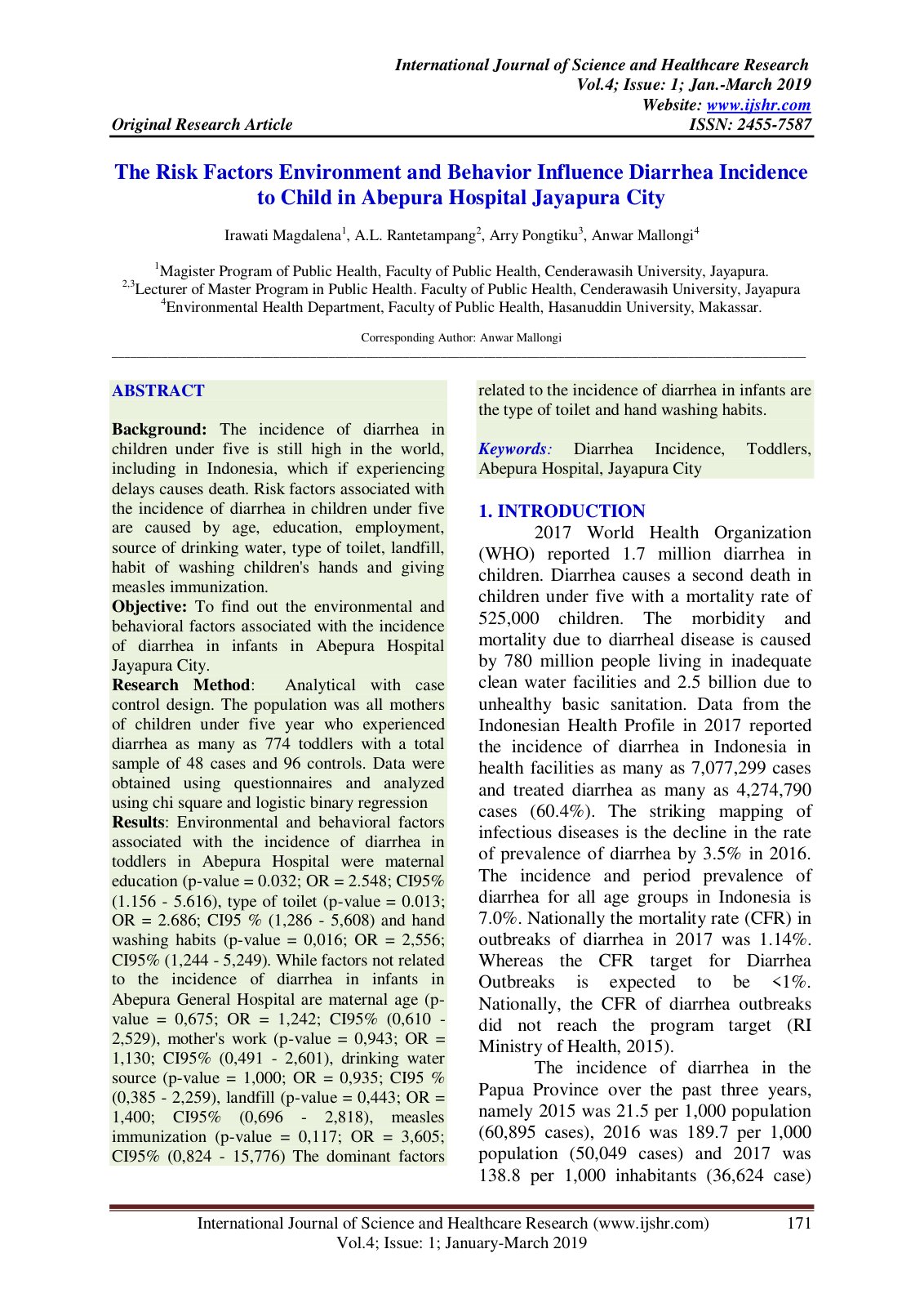 First page of The Risk Factors Environment and Behavior Influence Diarrhea Incidence to Child in Abepura Hospital Jayapura City