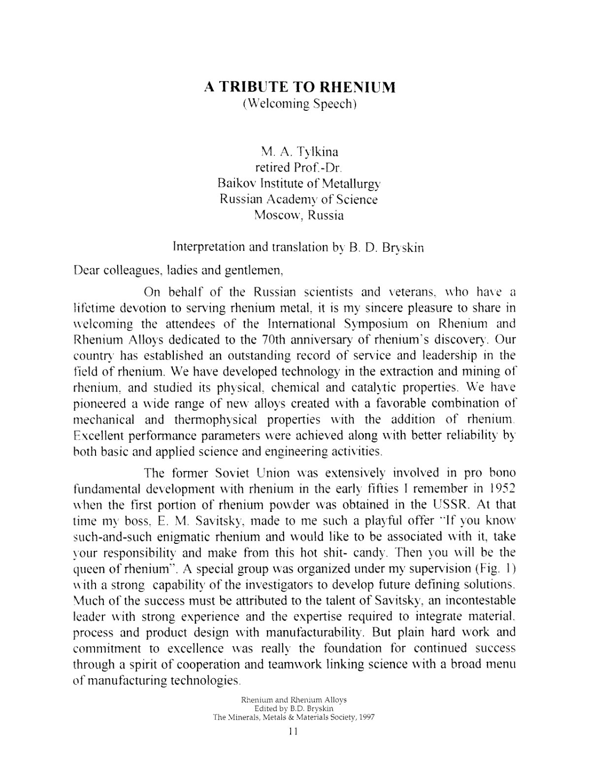 First page of Tribute to Rhenium (Welcoming Speech)