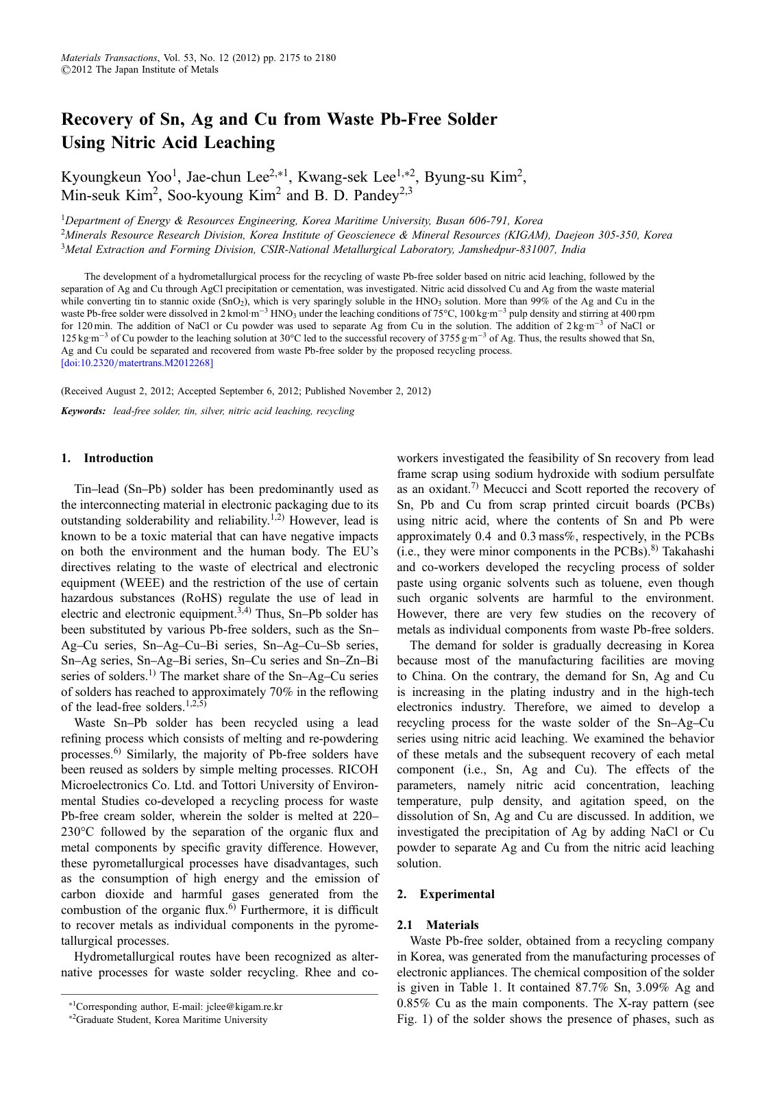 First page of Recovery of Sn, Ag and Cu from Waste Pb-Free Solder Using Nitric Acid Leaching