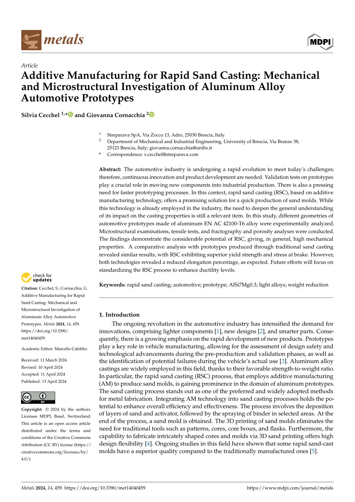First page of Additive Manufacturing for Rapid Sand Casting: Mechanical and Microstructural Investigation of Aluminum Alloy Automotive Prototypes